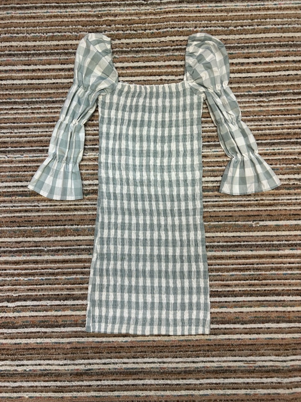 Smocked Gingham Puff-Sleeve Dress in Sage